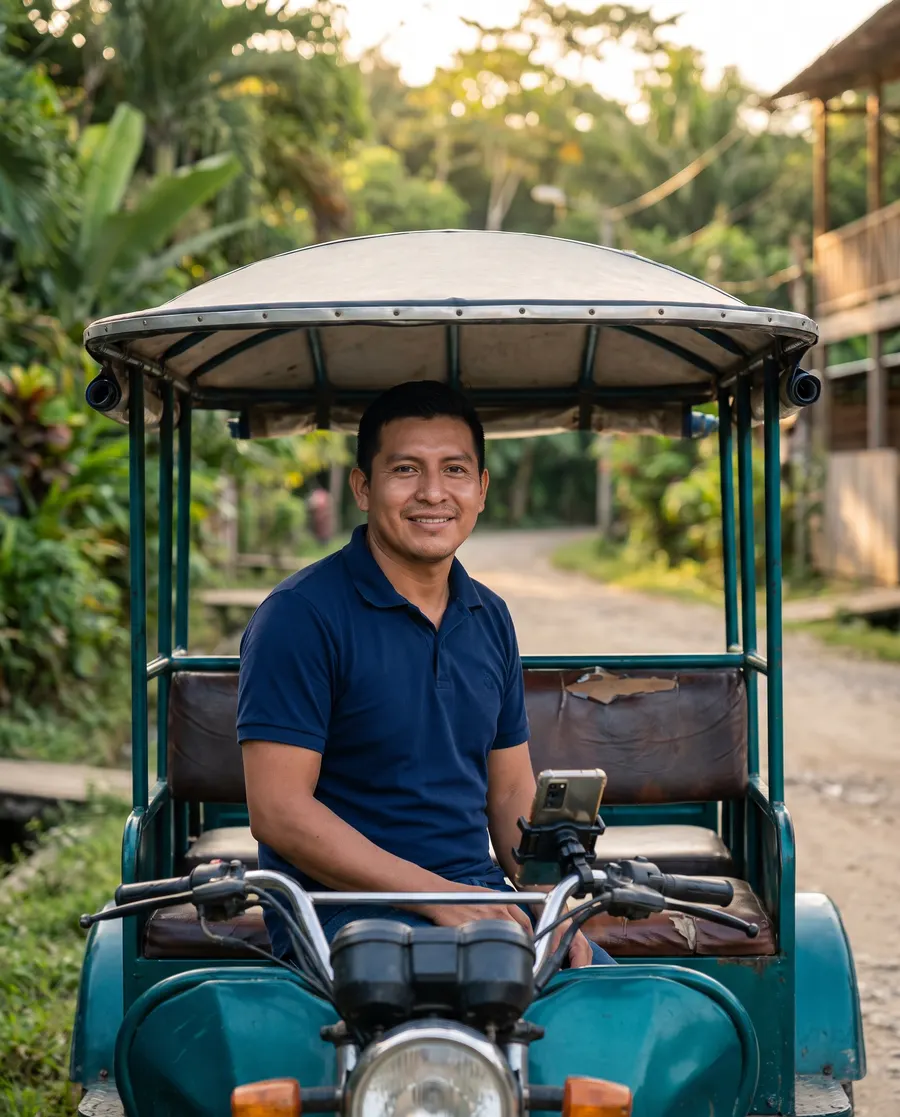 Conductor de mototaxi sonriendo en su mototaxi turquesa, con el celular en el manubrio