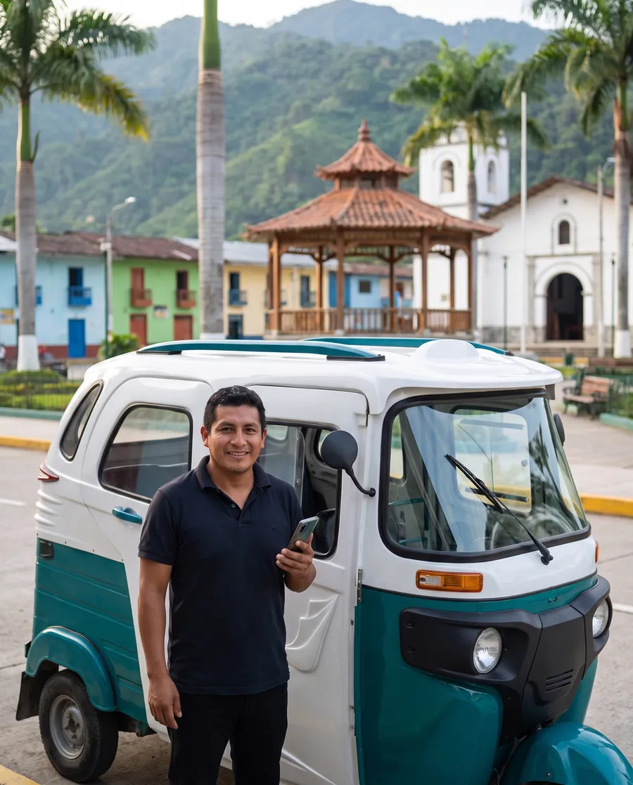 Conductor de mototaxi sonriendo con su celular junto a su torito turquesa y blanco, en la plaza de Río Negro